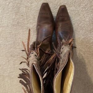 Tony Lama Tan Leather Cowboy Boots with Fringe